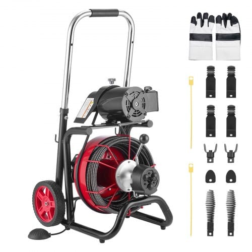 Rohrreinigungsmaschine 100 Fuß X 1/2 Zoll, Automatische Rohrreinigungsspirale Auf Rädern, 550 W Tragbare Rohrreinigungsmaschine Mit 8 Schneidern Und Luftaktiviertem Fußschalter Für 2 Bis 4 Zoll - Vevor