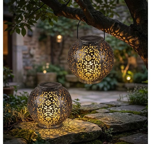 Solarlampe Hängeleuchte Gartendeko LED Garten rund Außenleuchte Tisch Pendellampe im Kugeldesign, Kunststoff schwarz silber, 1x LED, DxH 18x17 cm