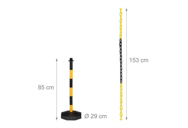 Absperrpfosten mit Kette 4er Set, Kettenpfosten mobil, HxD: 85 x 29 cm, Kettenständer Absperrung, gelb/schwarz - Relaxdays