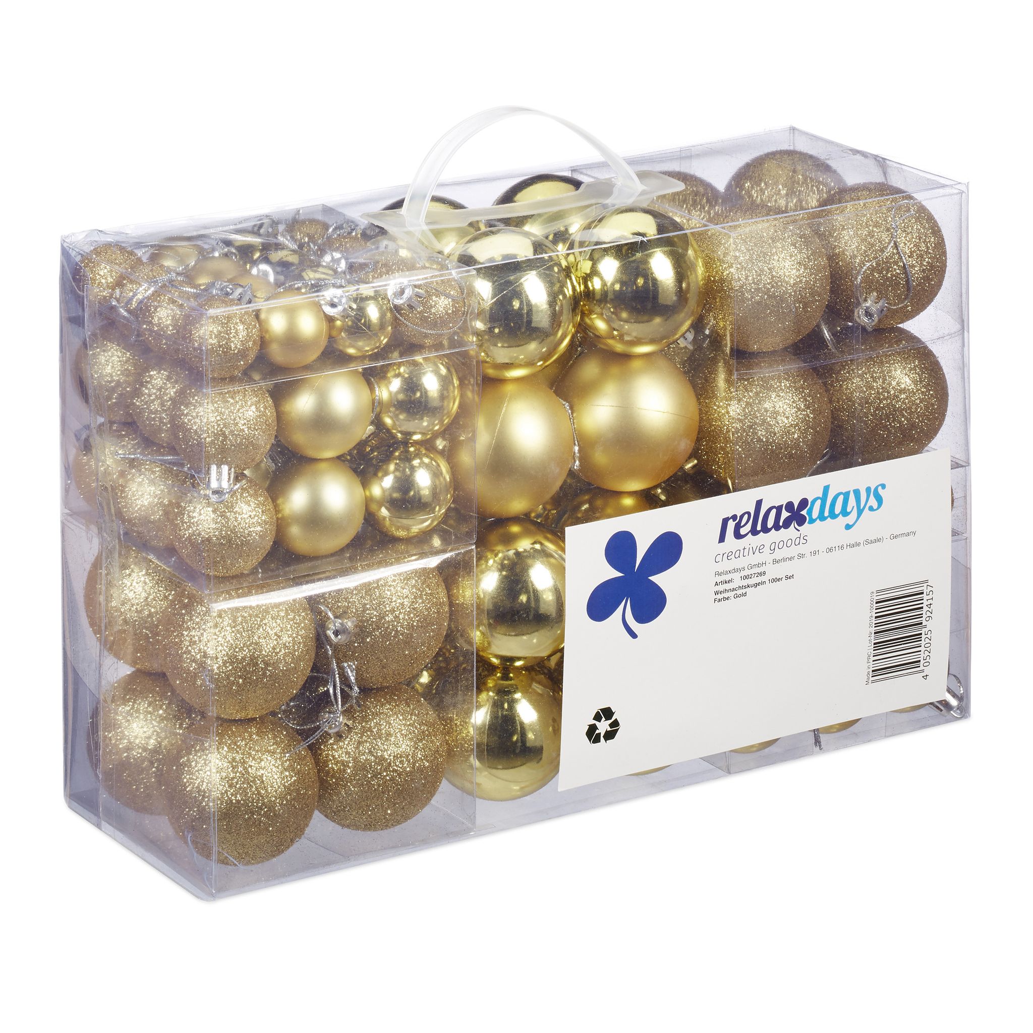 Relaxdays - Weihnachtskugeln, 100er Set, Weihnachtsdeko, Matt, Glänzend, Glitzernd, Christbaumkugel ∅ 3, 4 & 6 Cm, Gold