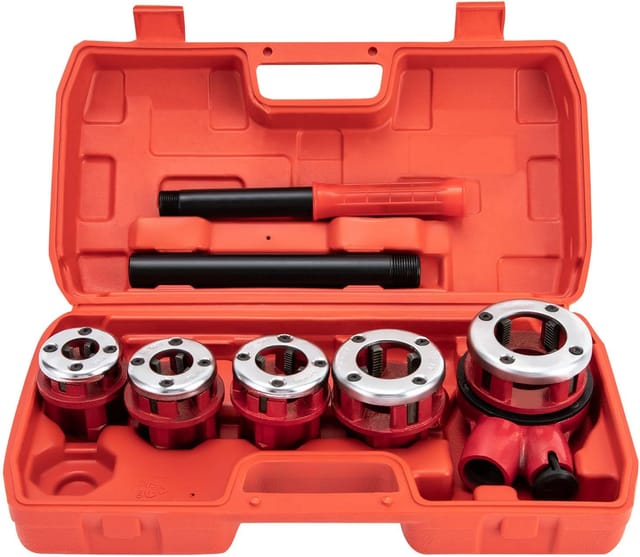 Gewindeschneidkluppe 5 Schneideisen (3/8", 1/2", 3/4", 1", 1-1/4") Rohrgewindeschneidsatz Rohrgewindewerkzeugsatz, Schneidewerkzeugset Für Klempner(rot)