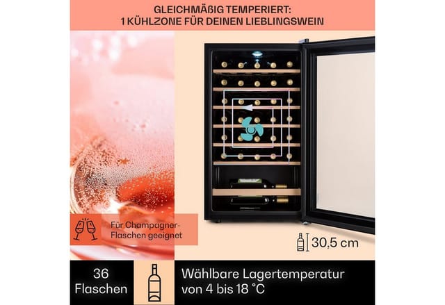 Klarstein - Weinkühlschrank, Getränkekühlschrank Schmal, 1 Zone Kühlschrank Mit Glastür, Getränkekühlschränke Freistehend, Weinkühlschrank Klein, Weinkühlschränke Mit Uv-schutz, 4-18°c, 36 Fla