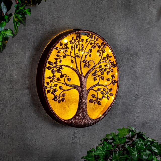 Led Solar Wanddeko baum antik bronze - 40 cm - Metall Wand Bild warm weiß beleuchtet - Garten Deko Beleuchtung Terrasse Balkon Dekoration