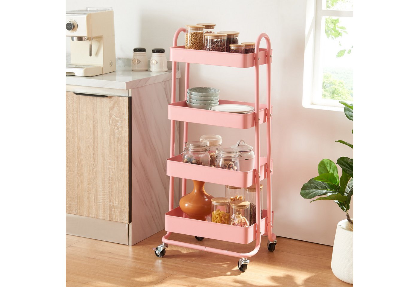 Küchenrollwagen Pyhäntä mit 4 Ebenen Rosa [en.casa]