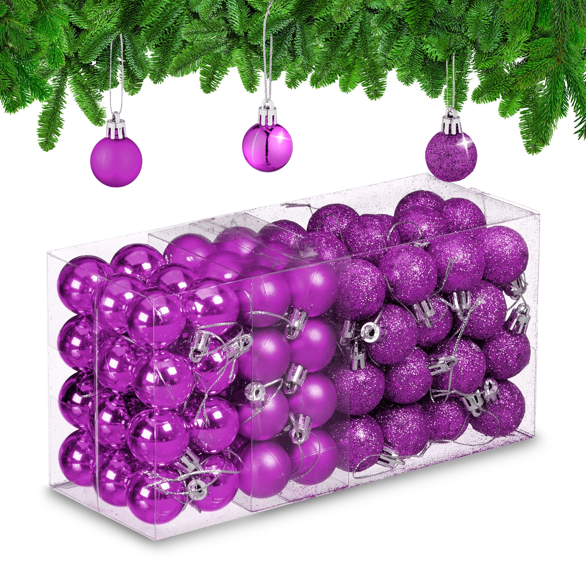 Relaxdays Weihnachtskugeln Im 96er Set, Glitzernde, Matte & Glänzende Baumkugeln, Weihnachtsbaumdeko, Kunststoff, Pink
