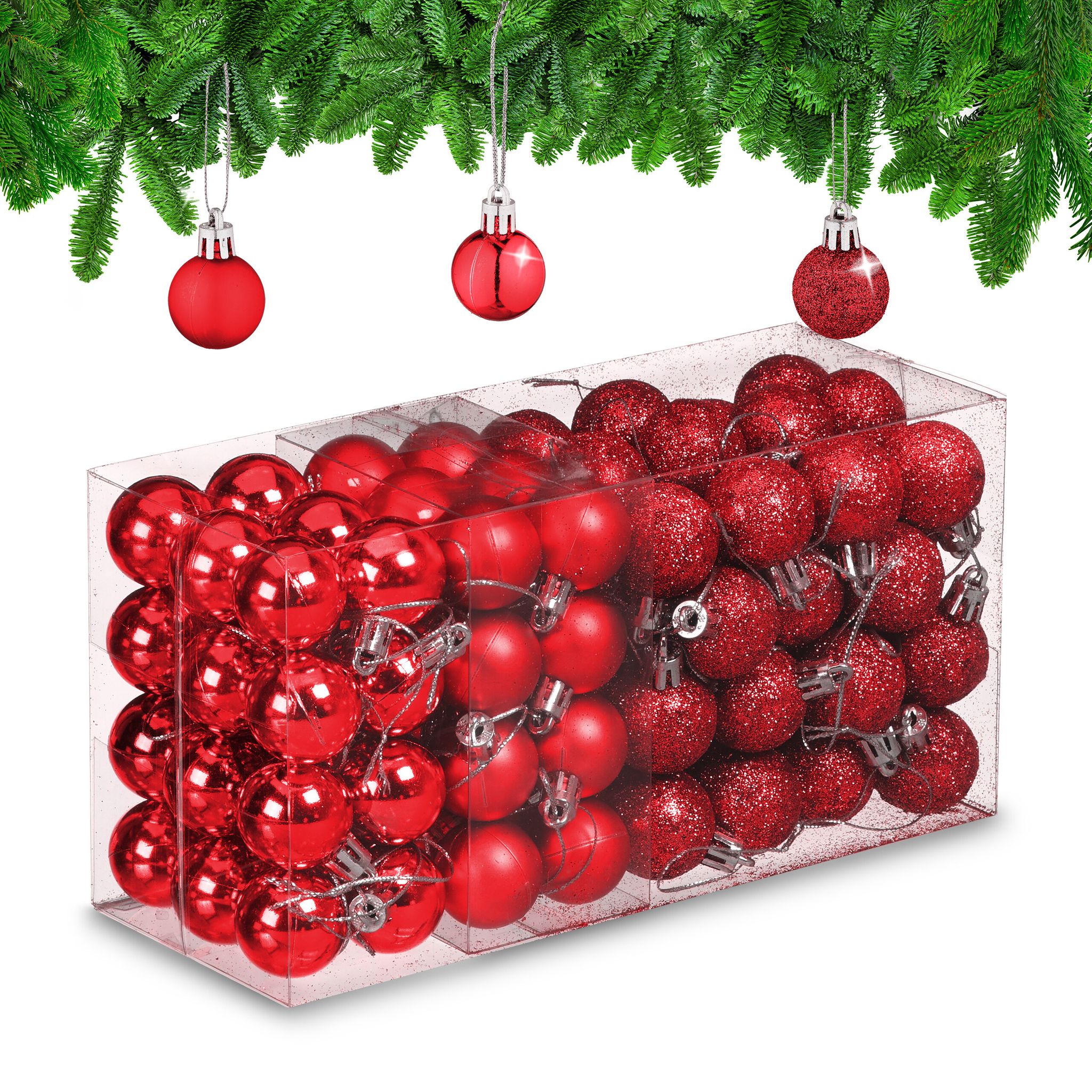 Relaxdays - Weihnachtskugeln Im 96er Set, Glitzernde, Matte & Glänzende Baumkugeln, Weihnachtsbaumdeko, Kunststoff, Rot