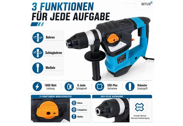 Bituxx - 1800W Schlagbohrmaschine Bohrhammer Schlagbohrer Meißelhammer sds + Zubehör MS-15820
