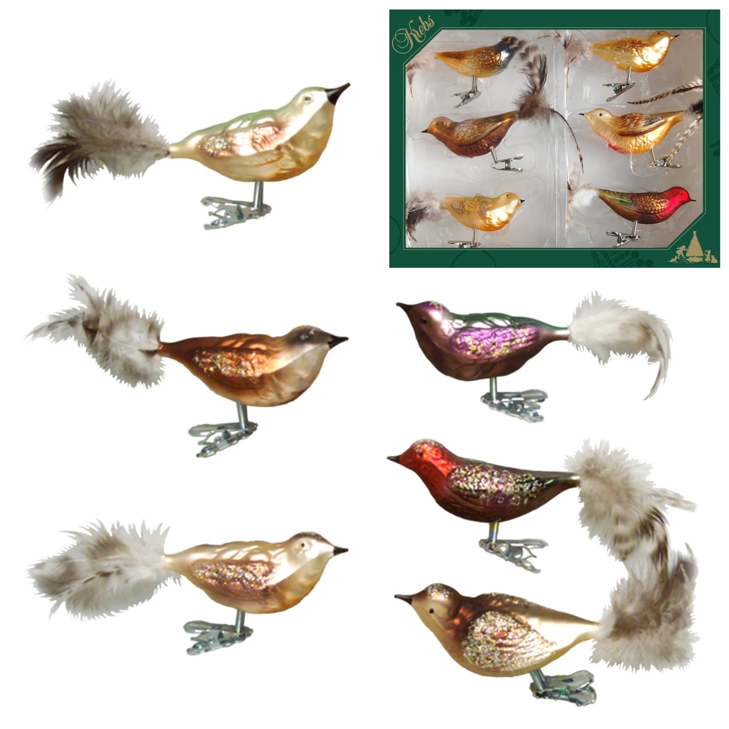 Krebs Glas Lauscha Weihnachtsornamente Waldvögel 6-tlg. 6cm