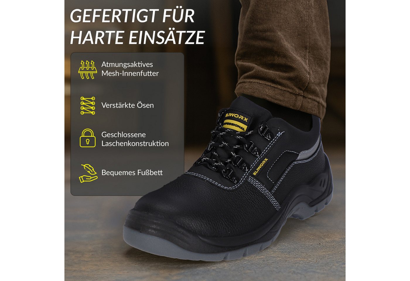 Eliworx Sicherheitsschuhe S3 SR Terra Low mit Stahlkappe Herren Gr. 47 Schwarz