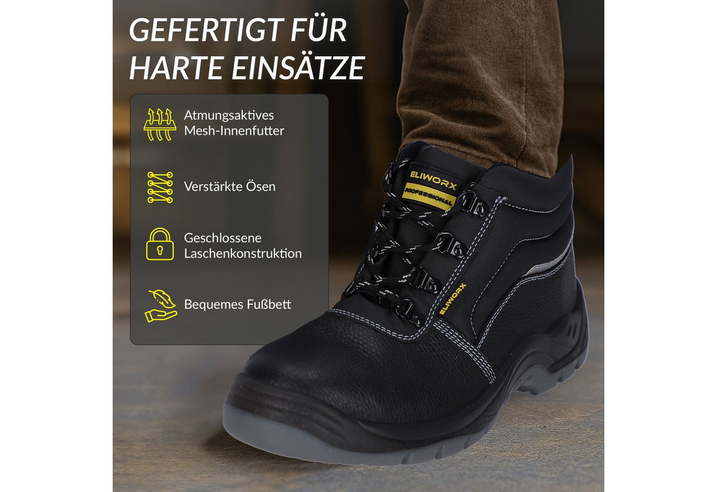 Eliworx Sicherheitsschuhe S3 SR Terra High mit Stahlkappe Herren Gr. 47 Schwarz