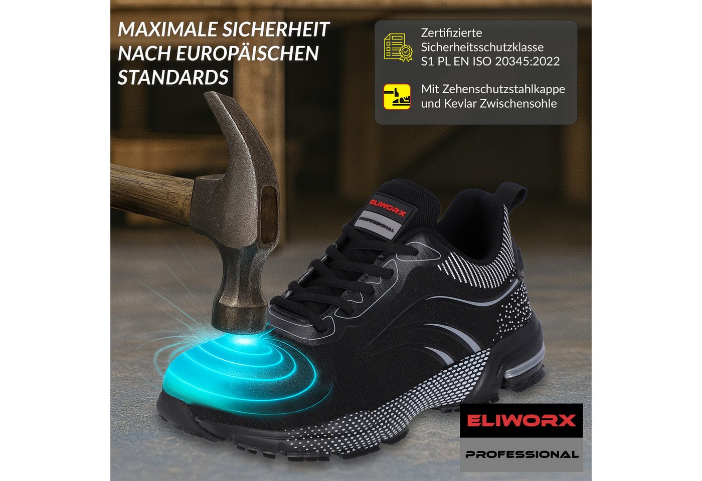 Eliworx Sicherheitsschuhe S1 PL Onyx Pro Herren Gr. 45 Schwarz Bild 4