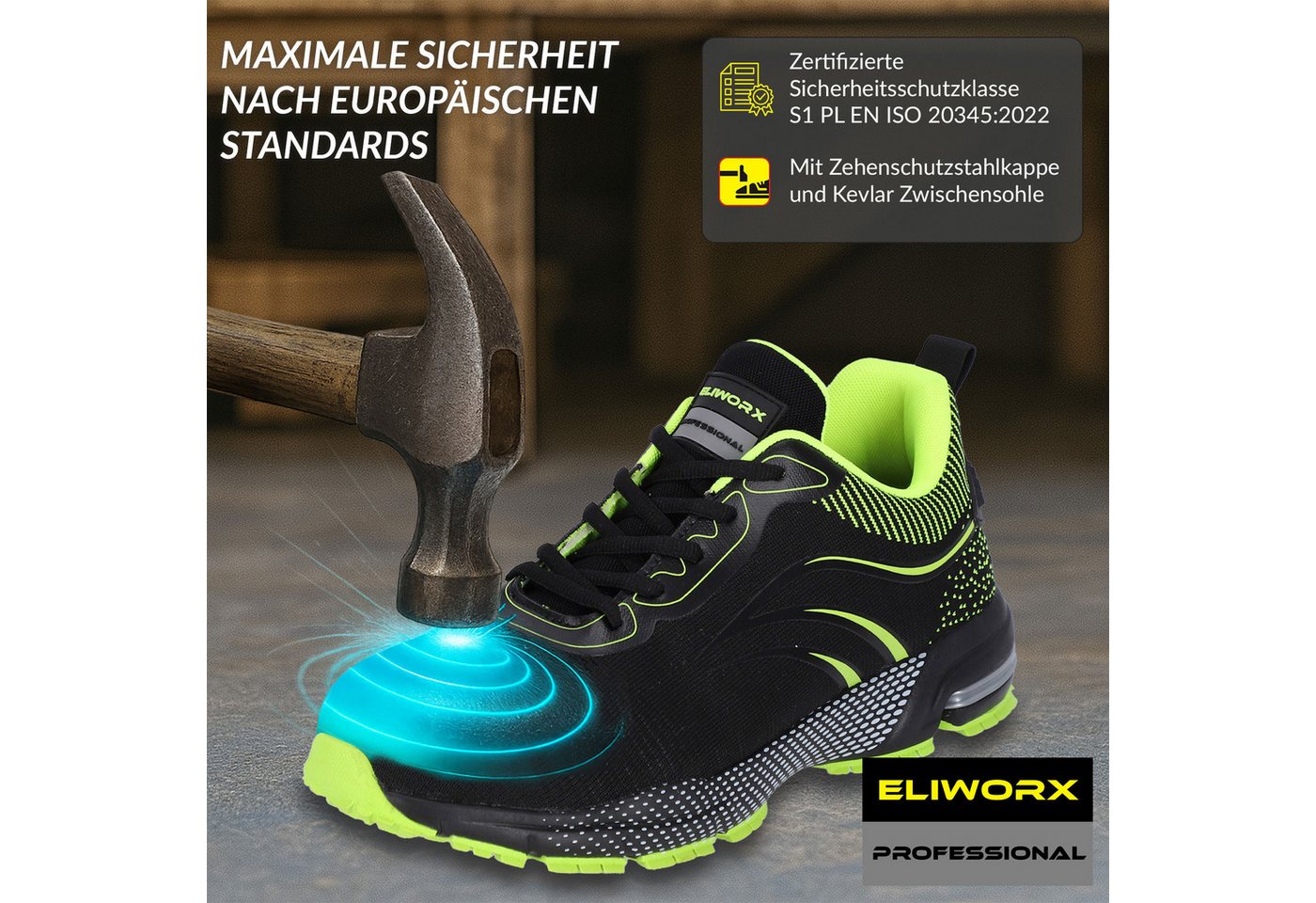 Eliworx Sicherheitsschuhe S1 PL Onyx Pro Herren Gr. 41 Schwarz-Gelb Bild 4