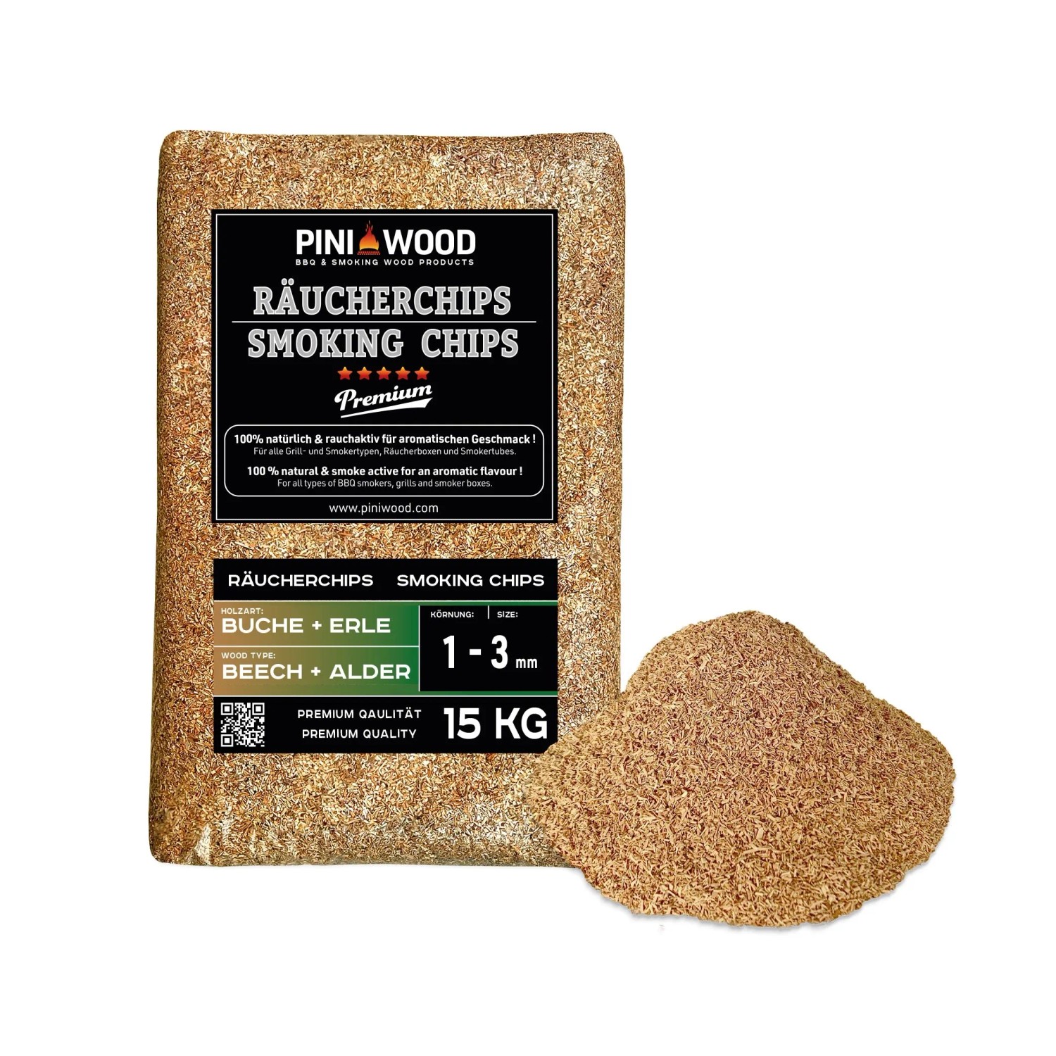 PINI Räucherchips 15 kg Buche und Erle Gemischt 1-3 mm Smoking Chips Räucherspäne