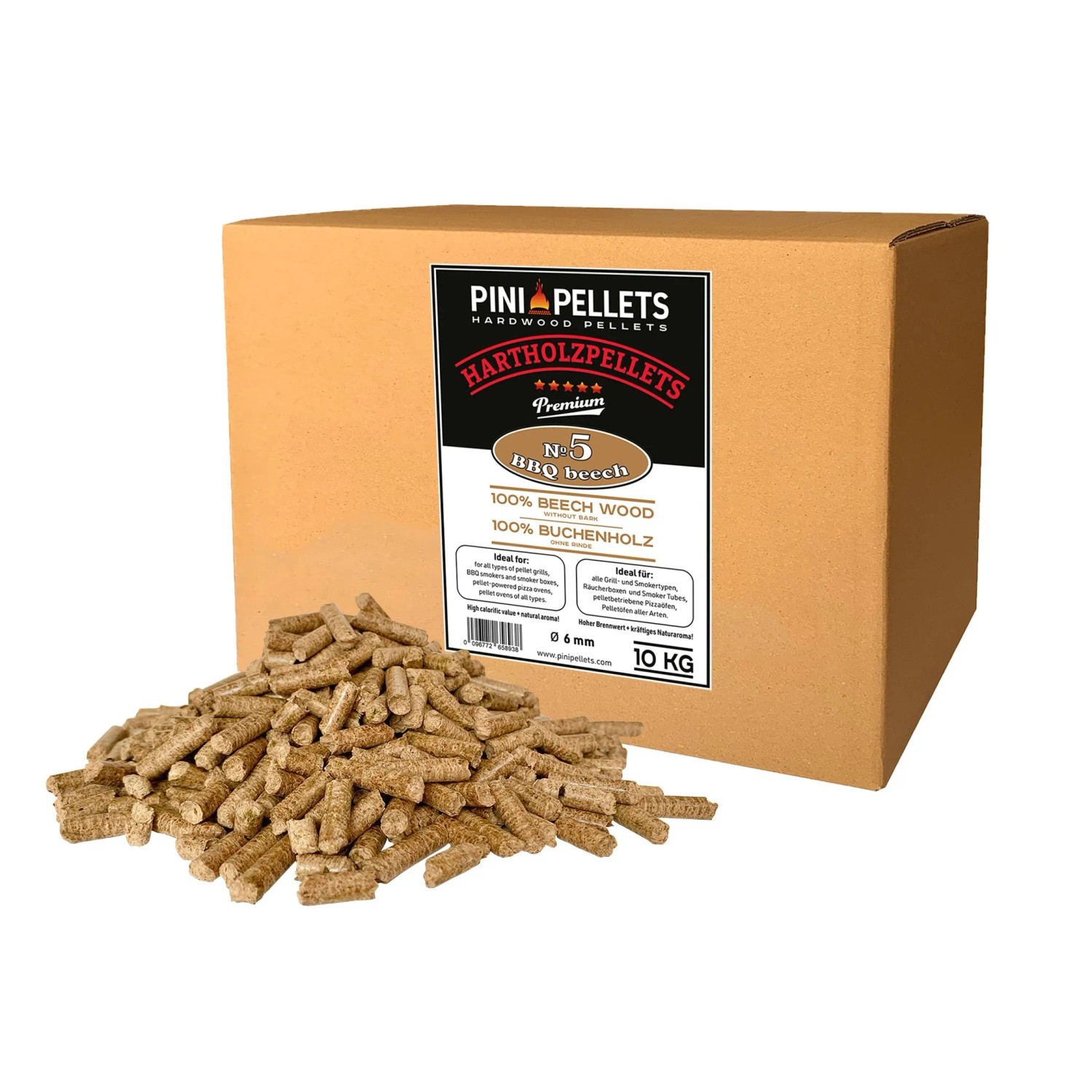 PINI Grillpellets 10 kg Holzpellets 100% Buche № 5 BBQ Beech zum Grillen Räuchern Smoken und für Pizzaofen
