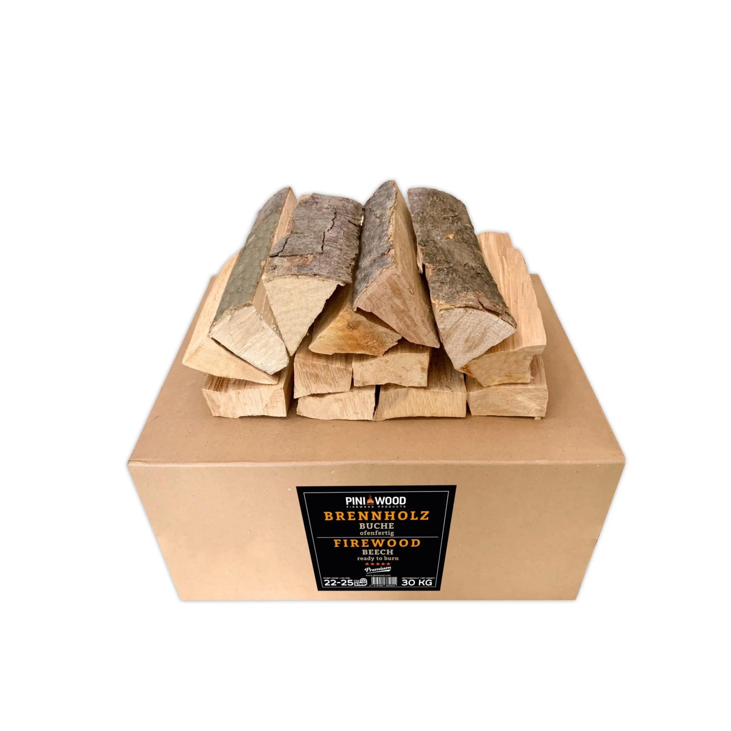 PINI Brennholz 30 Kg Ofenfertig Buche ca. 25 cm für Kamin Grill Feuerschale Pizzaofen Smoker