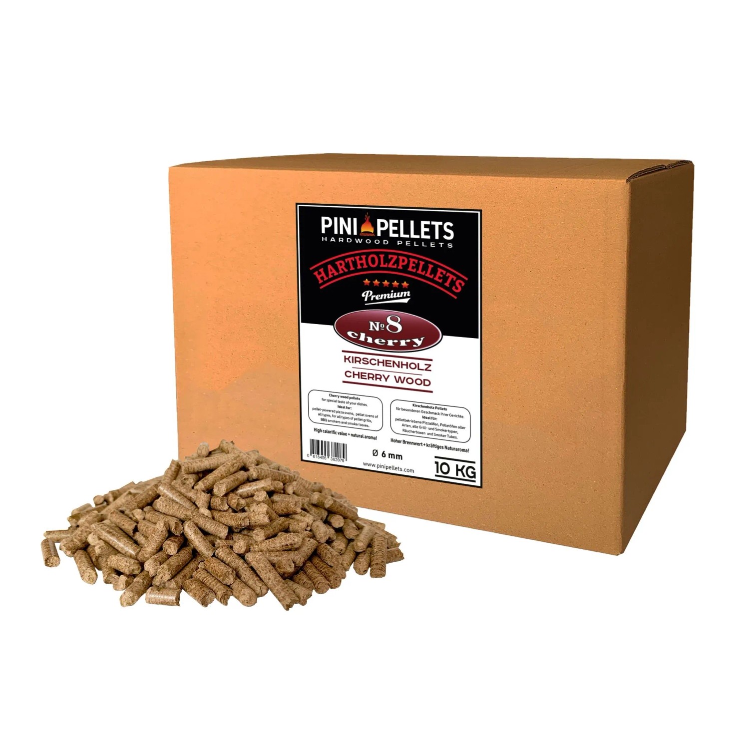 PINI Grillpellets 10 kg Kirsche № 8 BBQ Hartholzpellets zum Grillen Räuchern Smoken