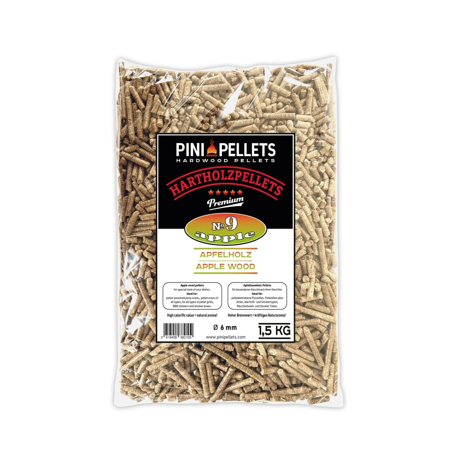 PINI Grillpellets 1,5 kg Apfel № 9 BBQ Hartholzpellets zum Grillen Räuchern Smoken