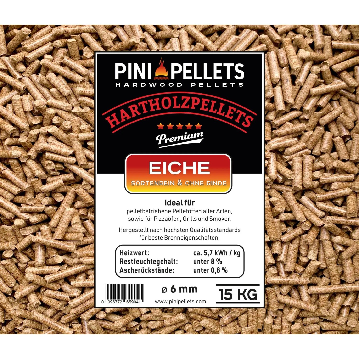 PINI Hartholz Pellets 6 mm 15 kg zum Heizen Grillen Räuchern Smoken