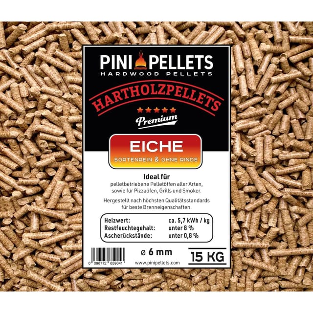 PINI Hartholz Pellets 6 mm 15 kg zum Heizen Grillen Räuchern Smoken