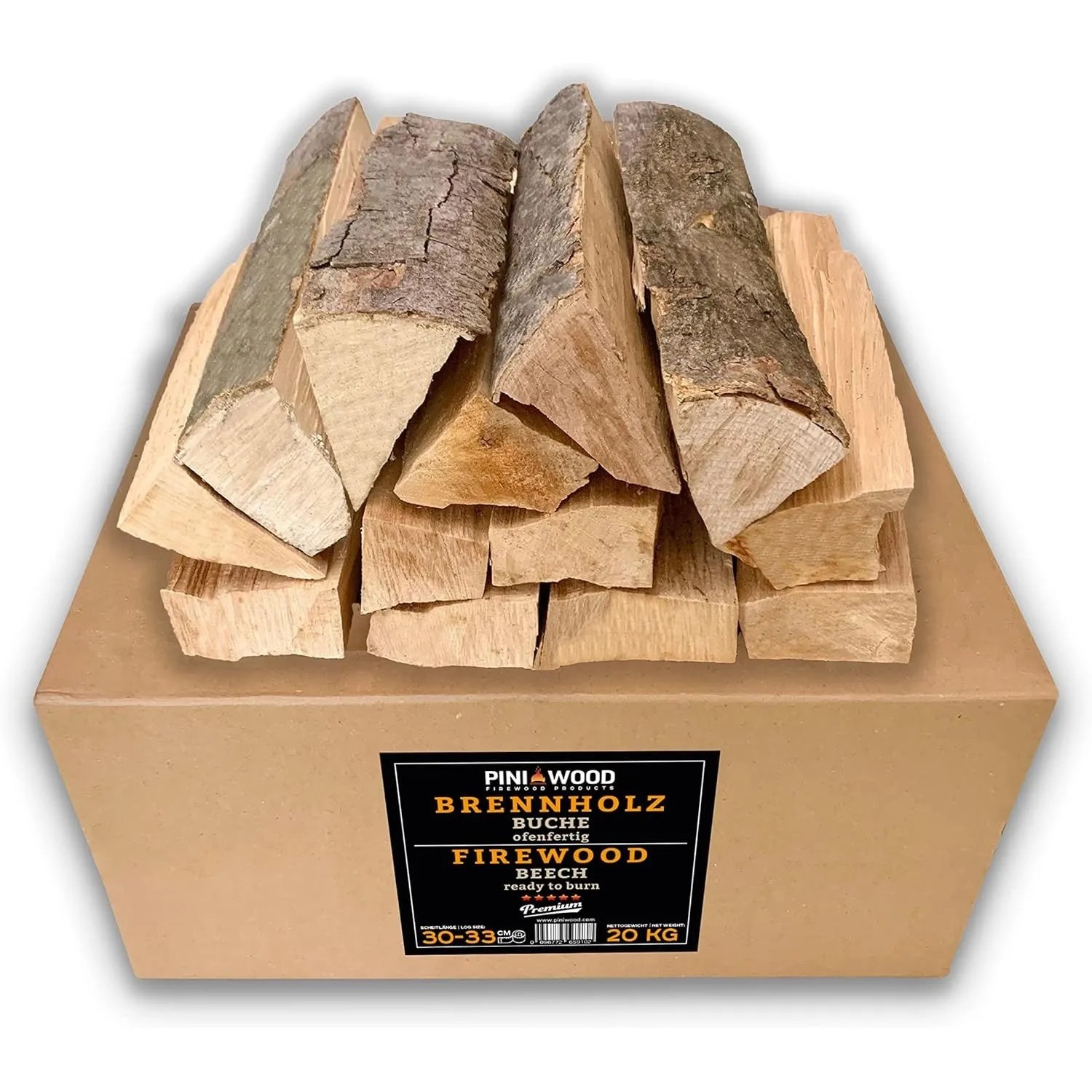 PINI Brennholz 20 Kg Ofenfertig Buche ca. 30-33 cm für Kamin Grill Feuerschale Pizzaofen Smoker