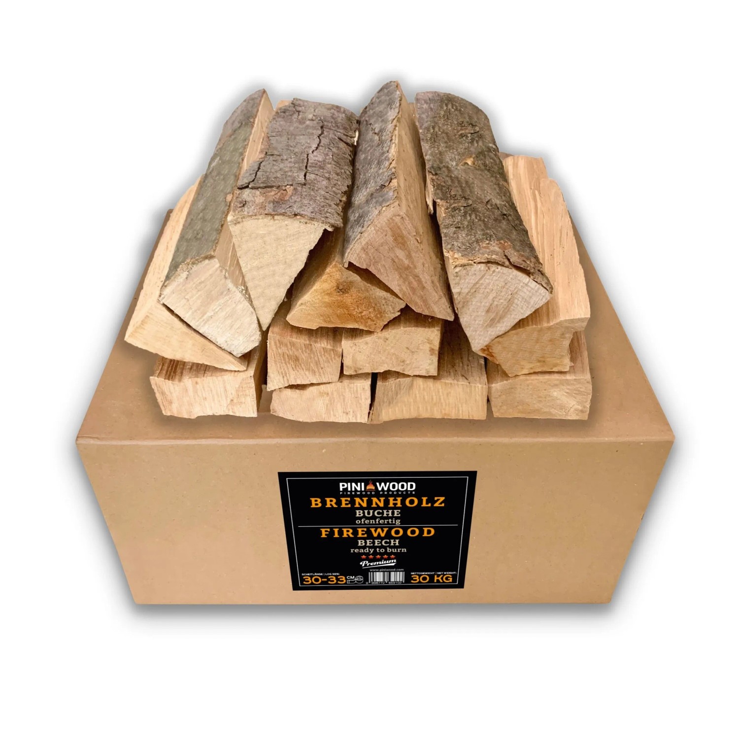 PINI Brennholz 30 Kg Ofenfertig Buche ca. 30-33 cm für Kamin Grill Feuerschale Pizzaofen Smoker