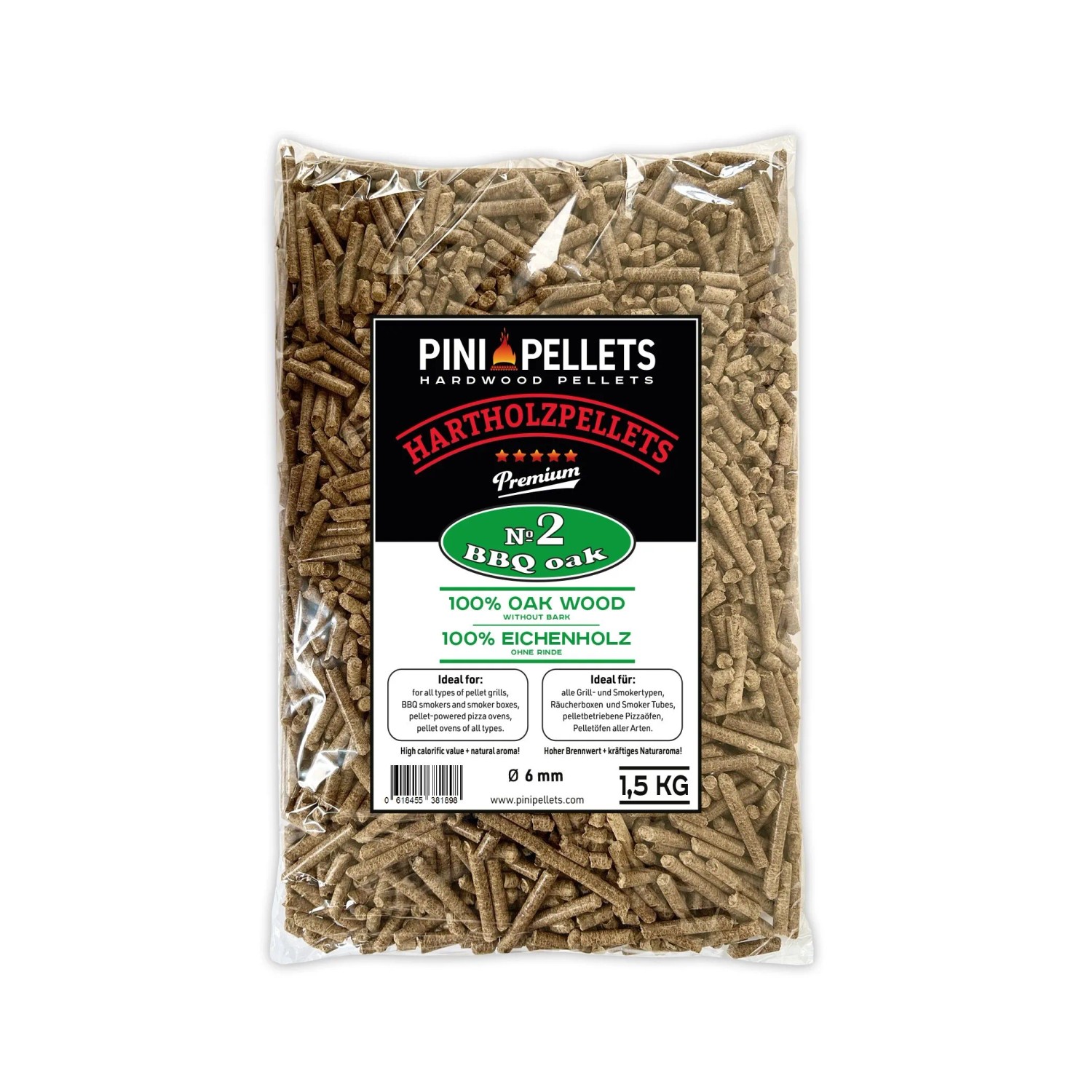 PINI Grillpellets 1,5 kg Holzpellets 100% Eiche №2 zum Grillen Räuchern Smoken auch für pelletbetriebene Pizzaöfen