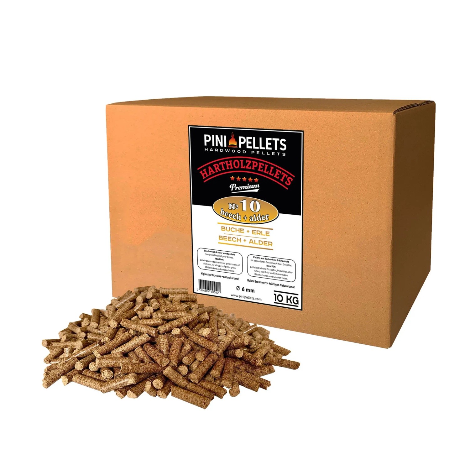 PINI Grillpellets 10 kg Buche Erle Mix № 10 BBQ Hartholzpellets zum Grillen Räuchern Smoken