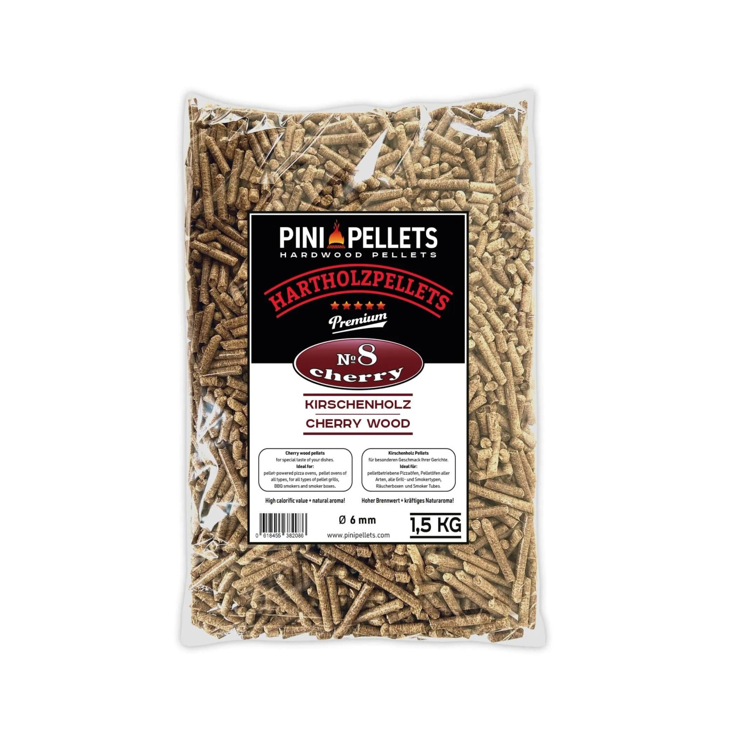 PINI Grillpellets 1,5 kg Kirsche № 8 BBQ Hartholzpellets zum Grillen Räuchern Smoken