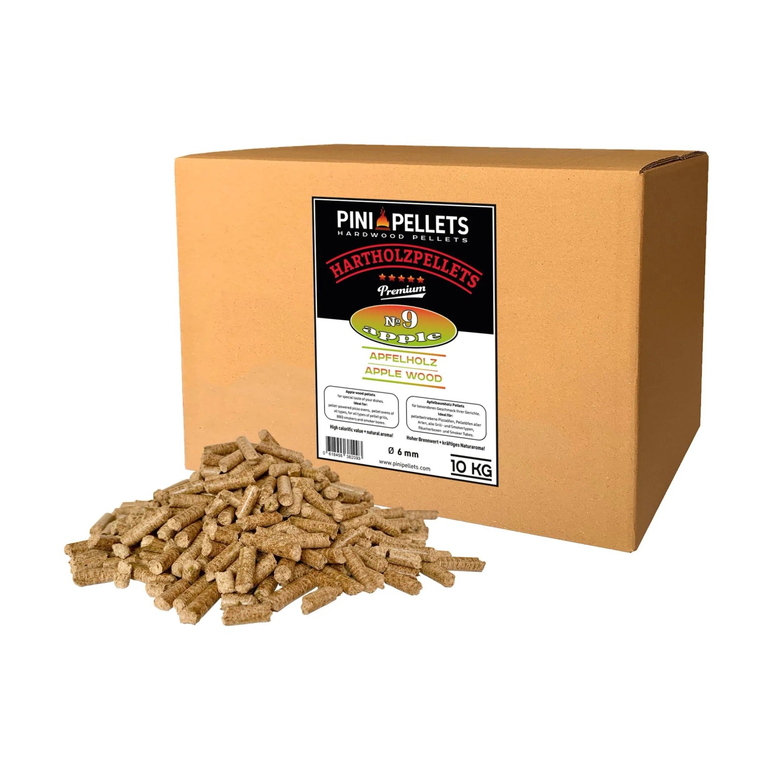 PINI Grillpellets 10 kg Apfel № 9 BBQ Hartholzpellets zum Grillen Räuchern Smoken