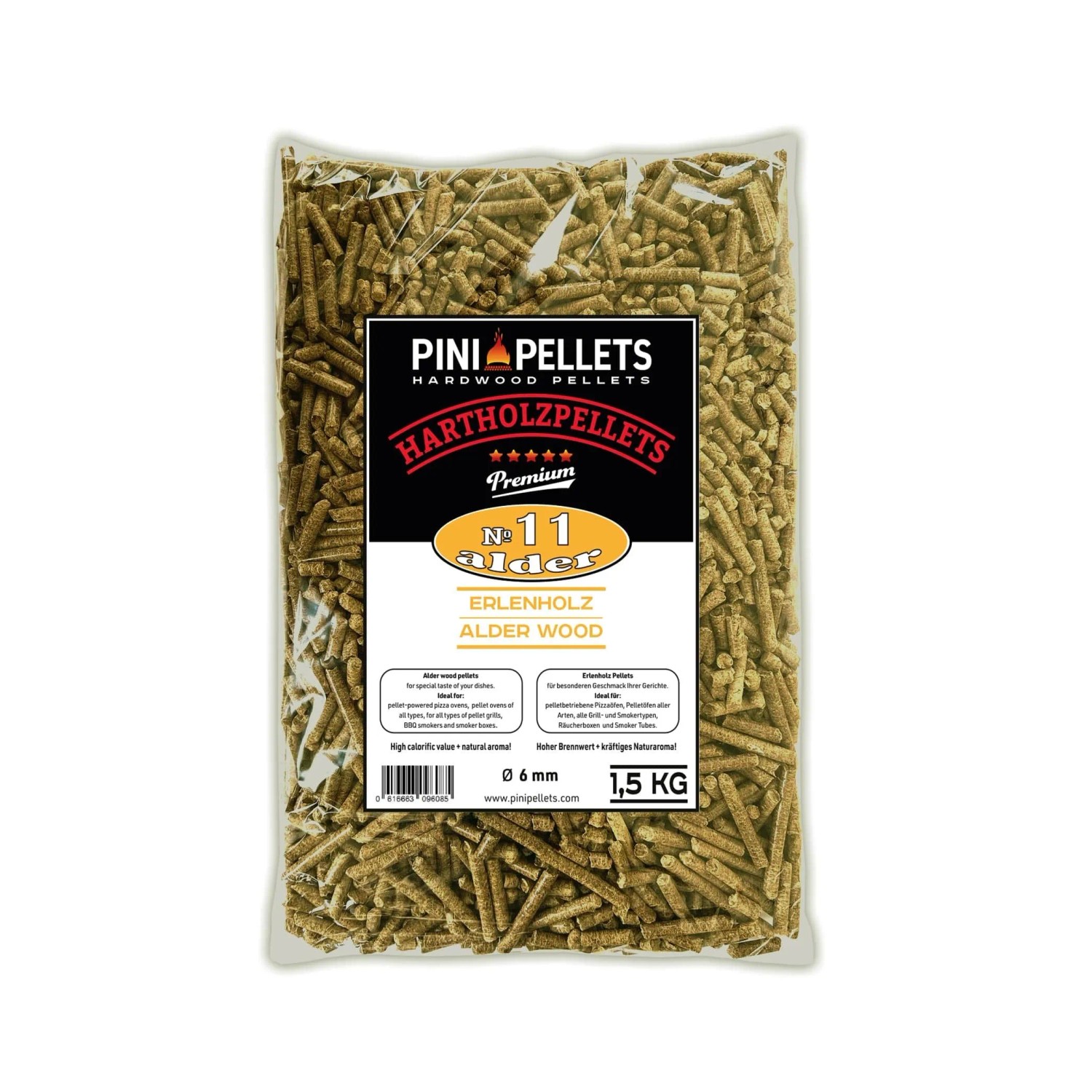 PINI Grillpellets 1,5 kg Alder №11 BBQ Hartholzpellets zum Grillen Räuchern Smoken
