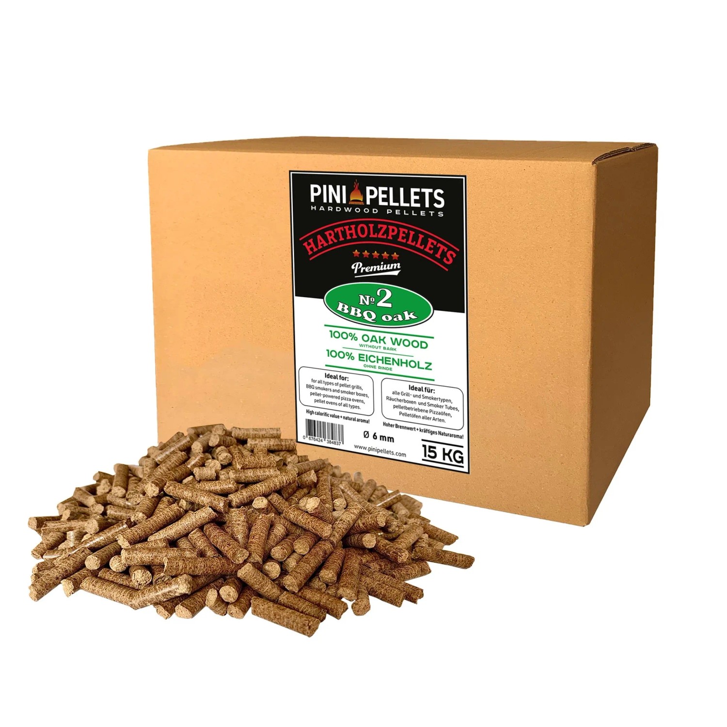 PINI Grillpellets 15 kg Holzpellets 100% Eiche №2 zum Grillen Räuchern Smoken auch für pelletbetriebene Pizzaöfen