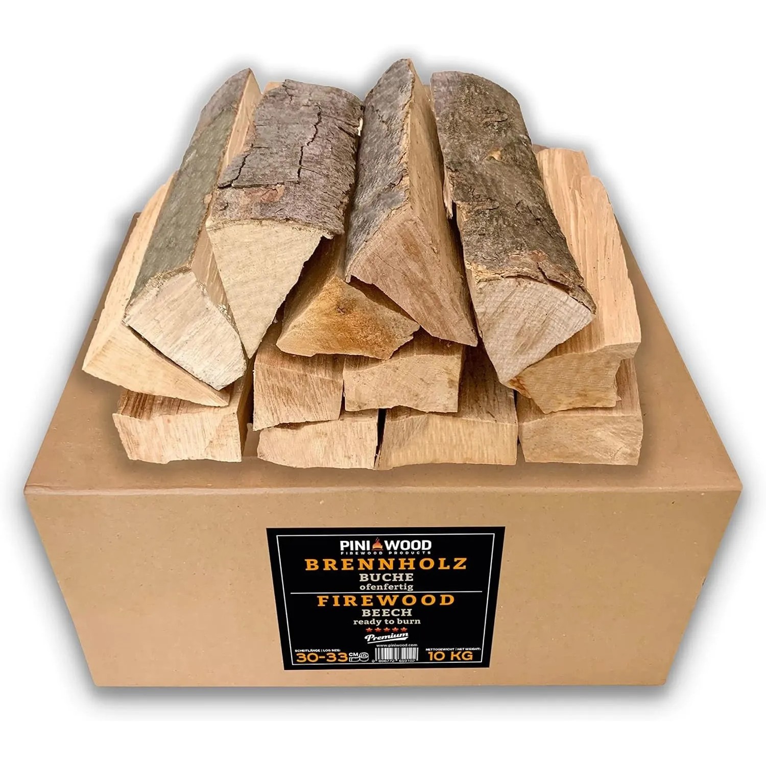 PINI Brennholz 10 Kg Ofenfertig Buche ca. 30-33 cm für Kamin Grill Feuerschale Pizzaofen Smoker
