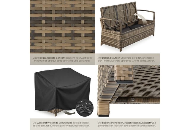 Tectake Rattan Gartenbank Vecchia 2 Sitzer Wetterfest Großzügiger Stauraum 56 x 128 x 77 5 cm Natur