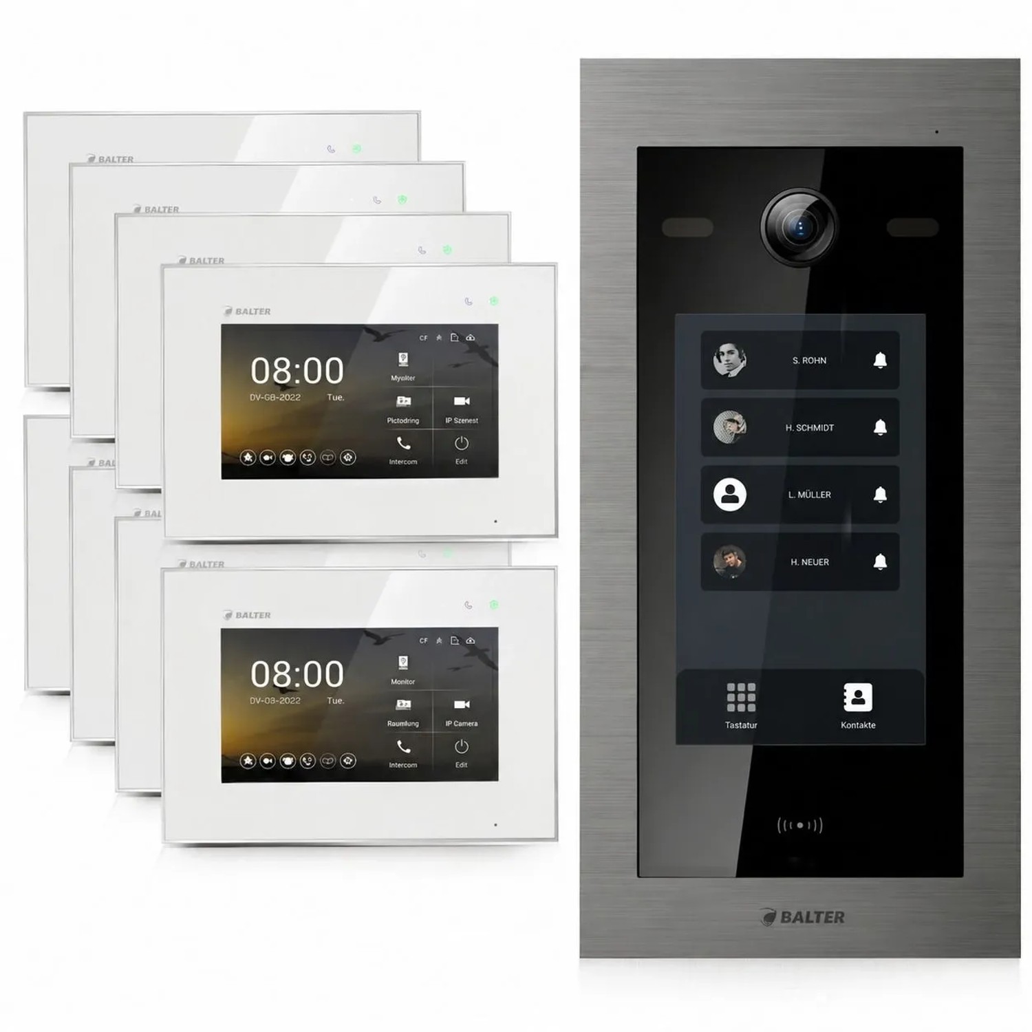 Balter EVO HD Touch Video Türsprechanlage Touchscreen RFID Achtfamilienhaus 8x 7 Zoll Monitor Silber Weiß