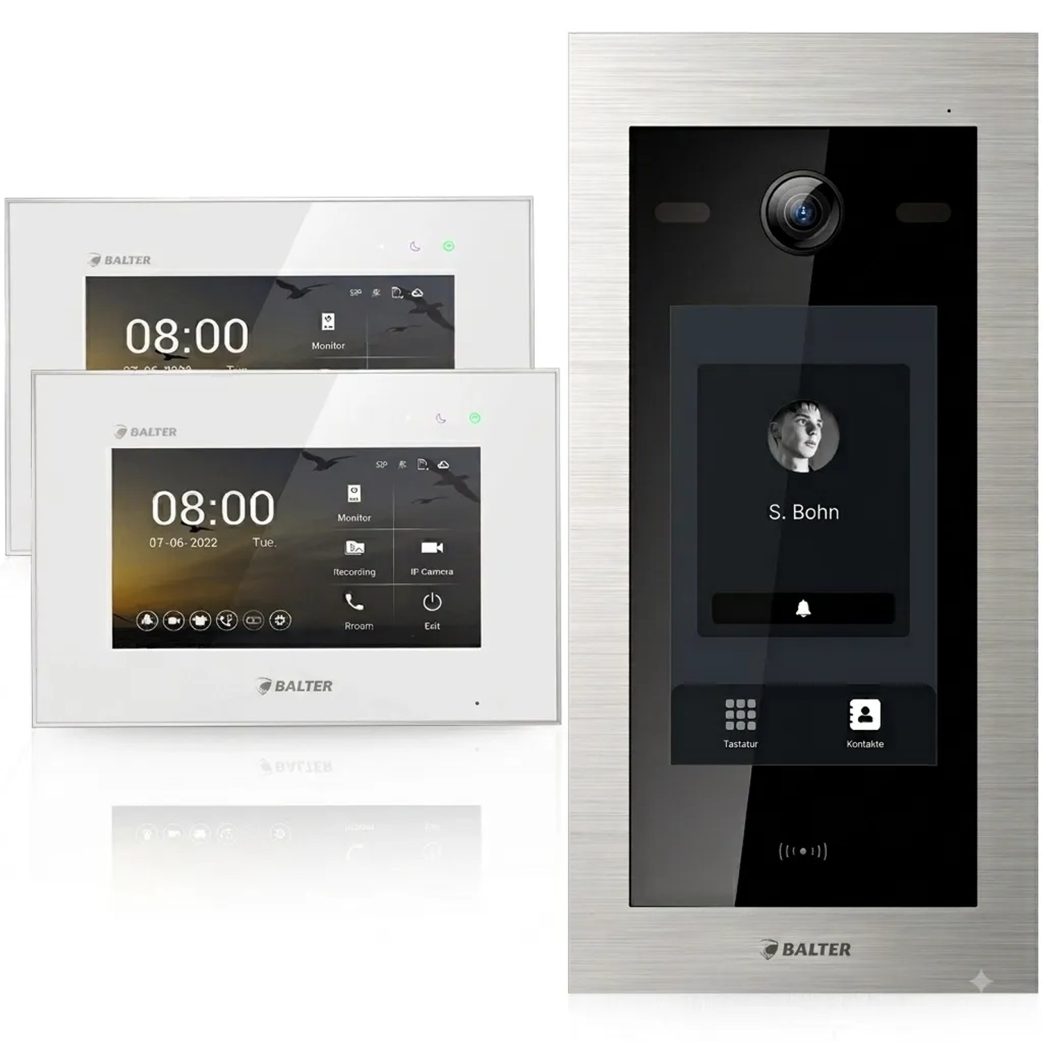 Balter EVO HD Touch Video Türsprechanlage Touchscreen RFID Zweifamilienhaus 2x 7 Zoll Monitor Silber Weiß