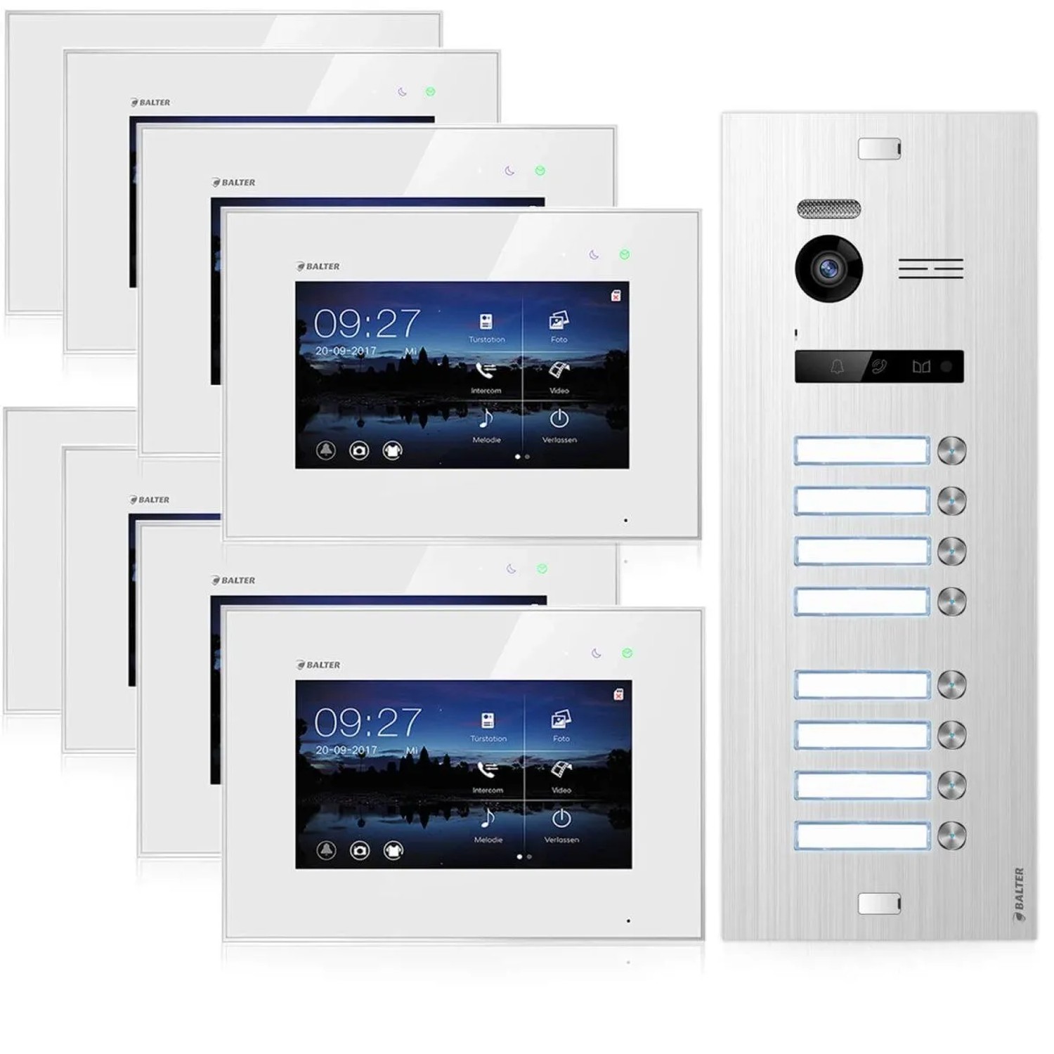 Balter EVO Video-Türsprechanlage für 8 Familienhaus 8x 7 Zoll Monitor Silber-Weiß