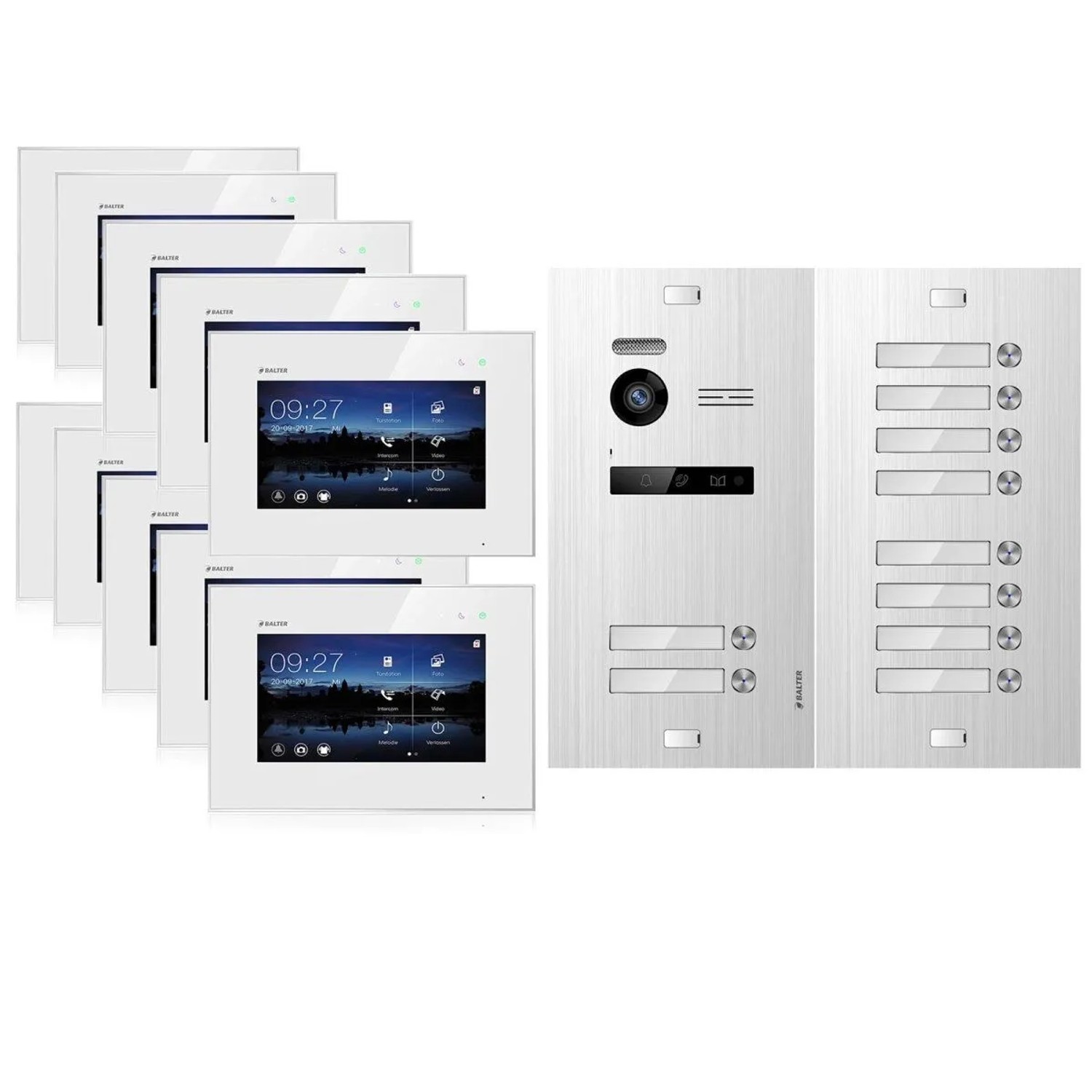 Balter EVO Video-Türsprechanlage für 10 Familienhaus 10x 7 Zoll Monitor Silber-Weiß