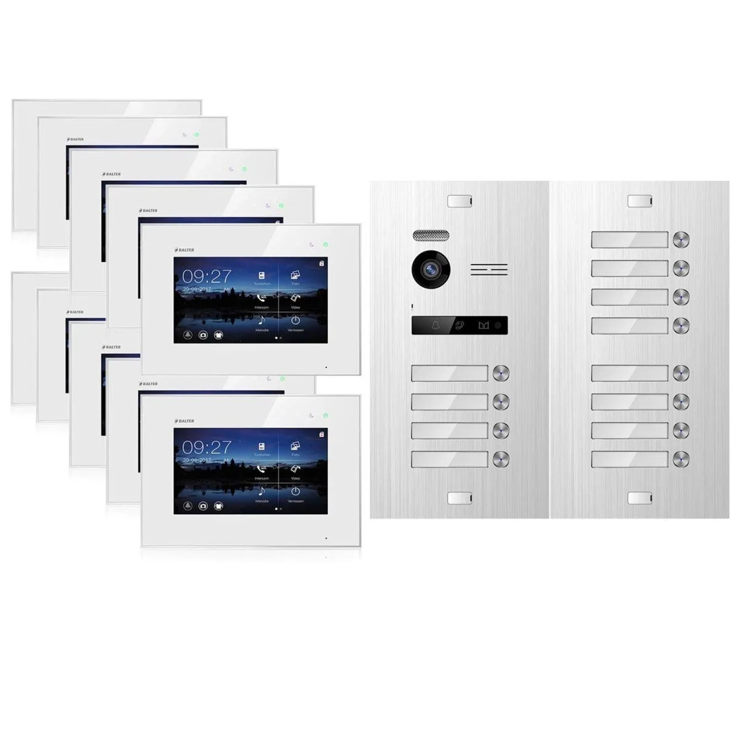 Balter EVO-Video-Türsprechanlage für 12 Familienhaus 12x 7 Zoll Monitor Silber-Weiß
