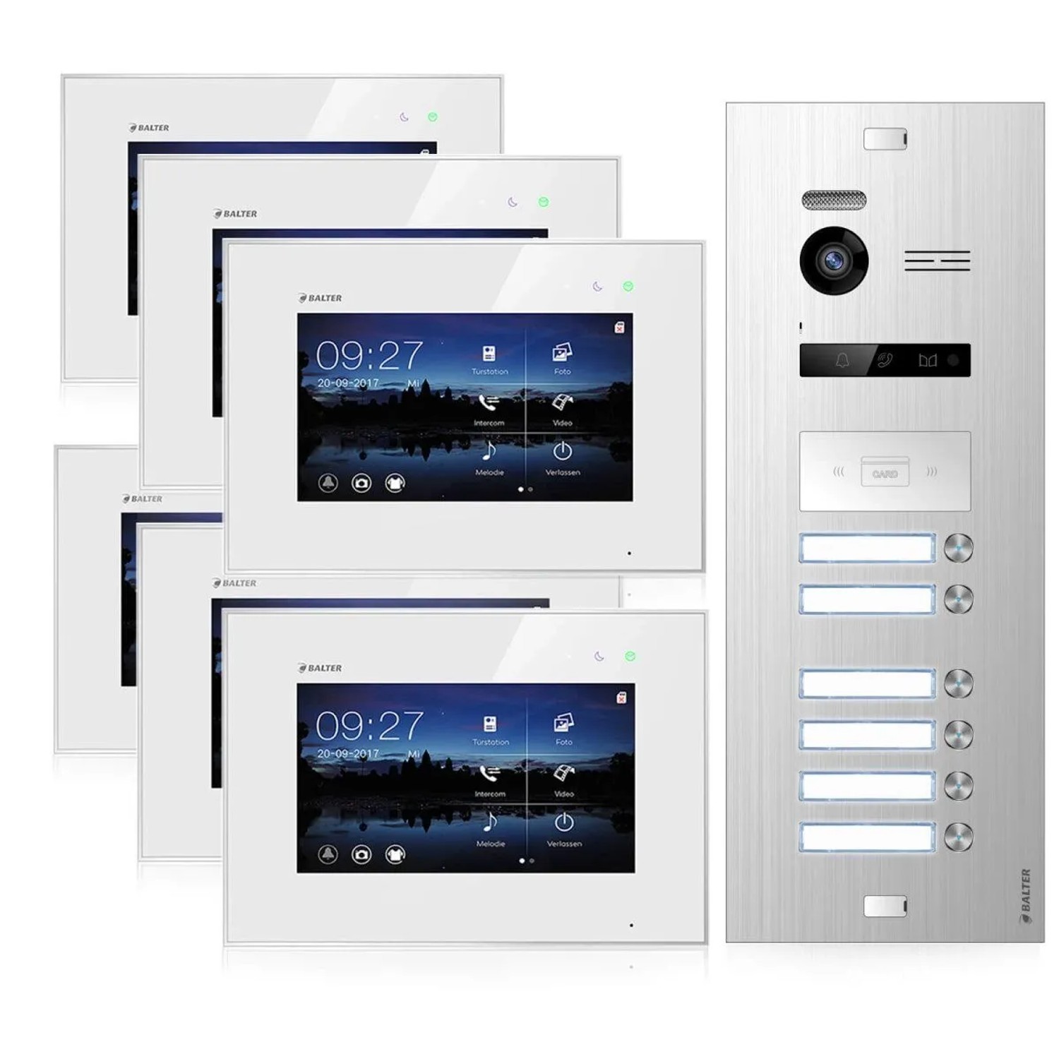 Balter EVO Video-Türsprechanlage für 6 Familienhaus 6x 7 Zoll Monitor Silber-Weiß