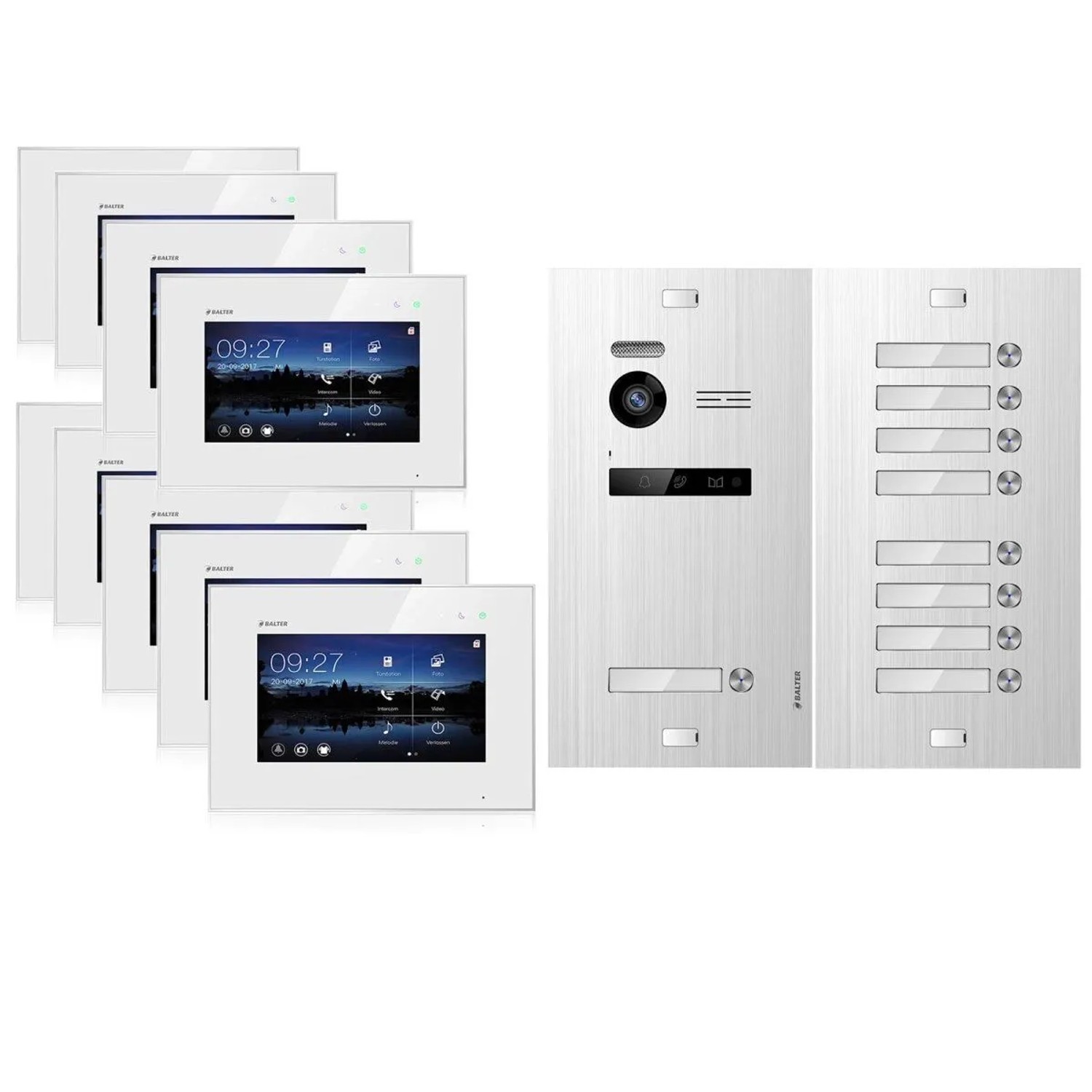 Balter EVO Video-Türsprechanlage für 9 Familienhaus 9x 7 Zoll Monitor Silber-Weiß