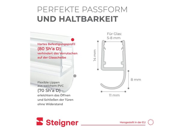 Duschdichtung UK15 vorgebogene Ersatzdichtung für Runddusche Wasserabweiser, l, 30 cm, (Einzeldichtung), für Glasstärken von 6 bis 8mm - Steigner
