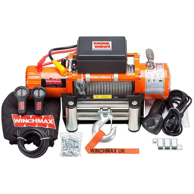 6.123 kg originale orangefarbene 12-V-Elektrowinde. 26 m x 9,5 mm Stahlseil. Drahtlose Fernbedienungen.