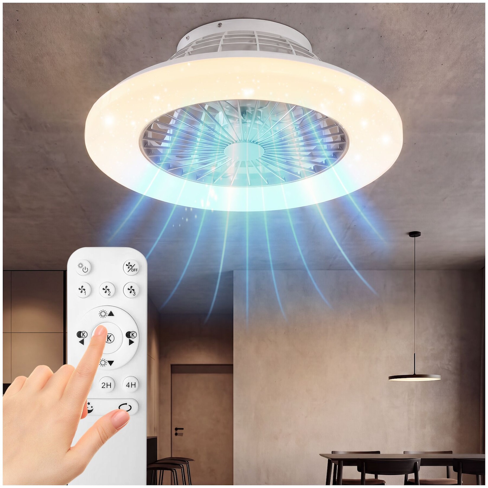 tectake® LED Deckenleuchte mit Ventilator, Lampe 40 W, dimmbar, 3 Lichtfarben, Rückwärtslauf zur Nutzung im Winter, Ø 50 cm, mit Fernbedienung