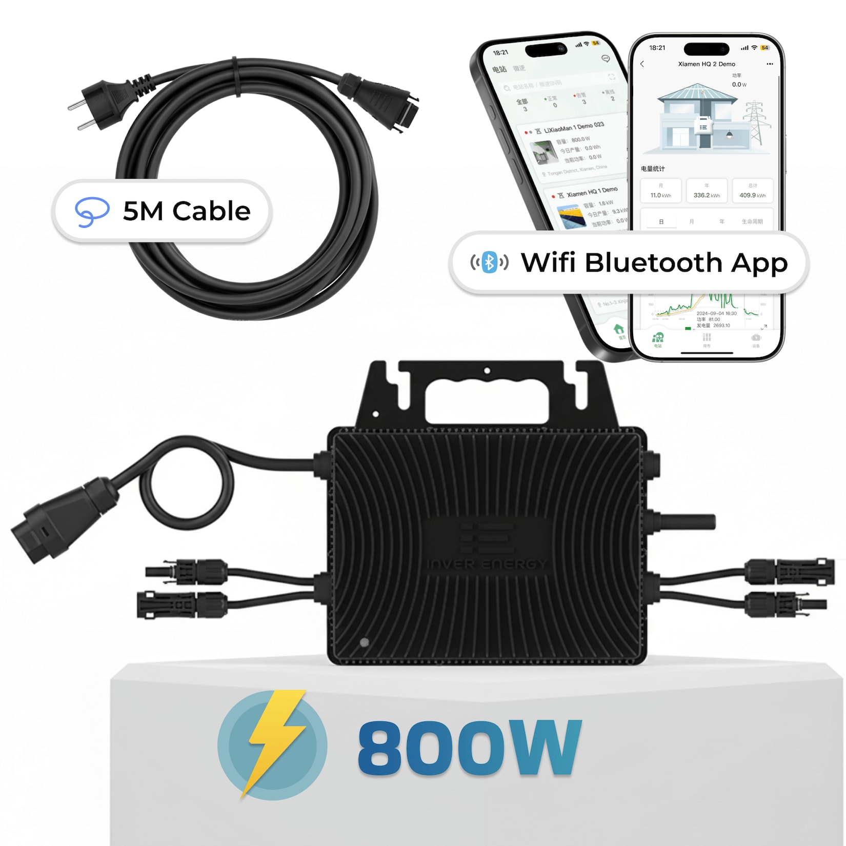 Inver Energy Mikro-Wechselrichter 800 W IS-080S für Balkonkraftwerk, IP67 wetterfest, Plug-&-Play Installation, 2 MPPT, Bluetooth & WIFI, inkl. 5 m Anschlusskabel, Micro Inverter