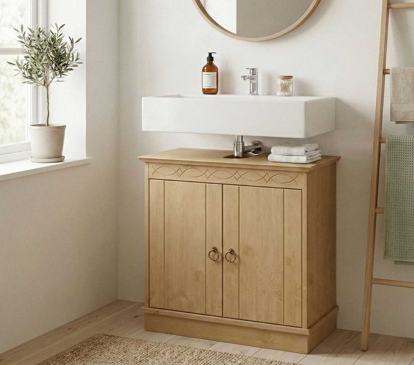 OTTO home Waschbeckenunterschrank Indra, Badschrank, Badmöbel, Badezimmerschrank (B/T/H: 64/32/60 cm) aus massiver Kiefer, 2 Türen, FSC®-zertifiziert