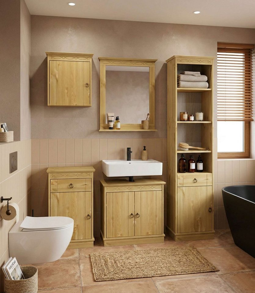 OTTO home Waschbeckenunterschrank Indra, Badschrank, Badmöbel, Badezimmerschrank (B/T/H: 64/32/60 cm) aus massiver Kiefer, 2 Türen, FSC®-zertifiziert Bild 4