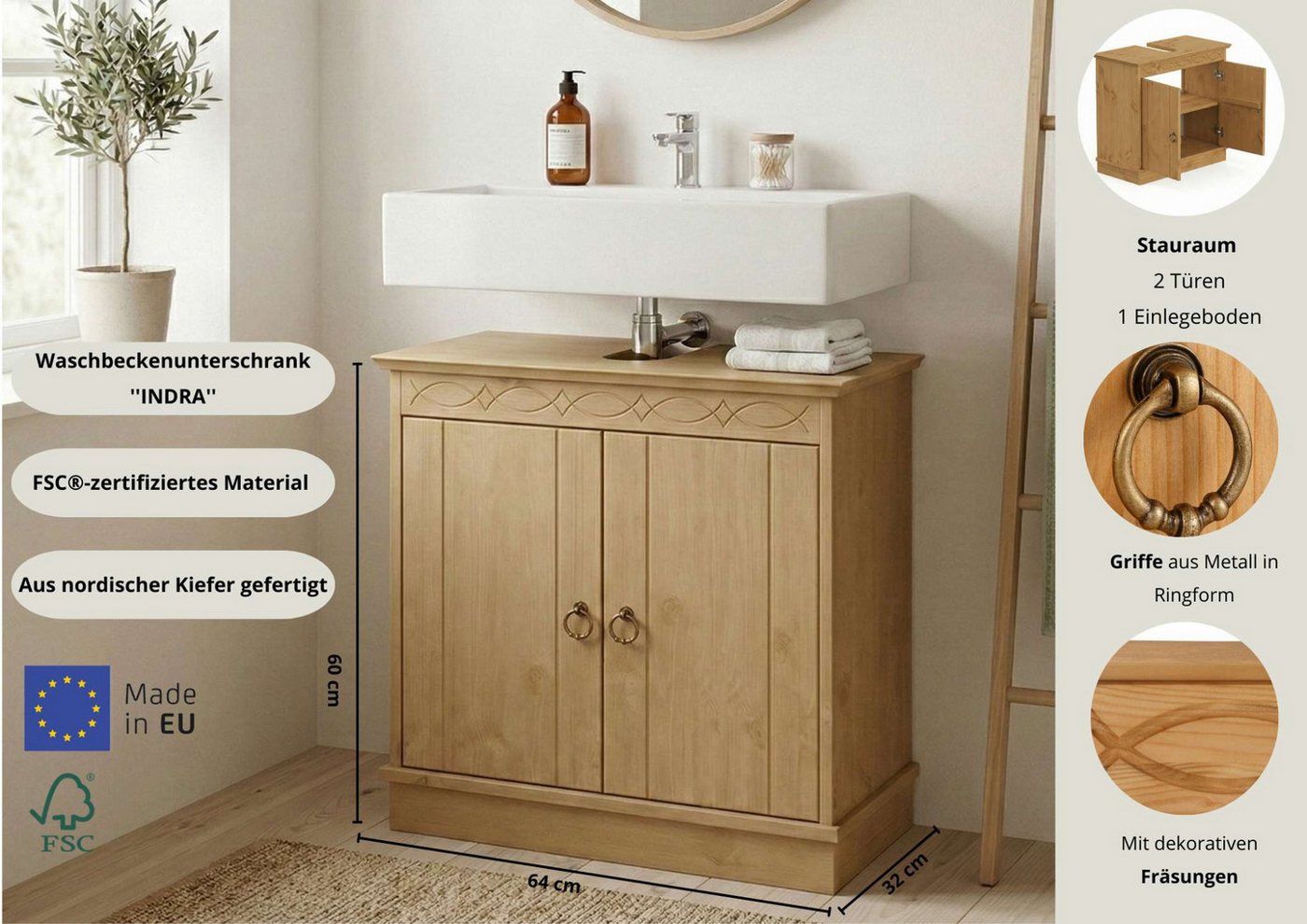 OTTO home Waschbeckenunterschrank Indra, Badschrank, Badmöbel, Badezimmerschrank (B/T/H: 64/32/60 cm) aus massiver Kiefer, 2 Türen, FSC®-zertifiziert Bild 5