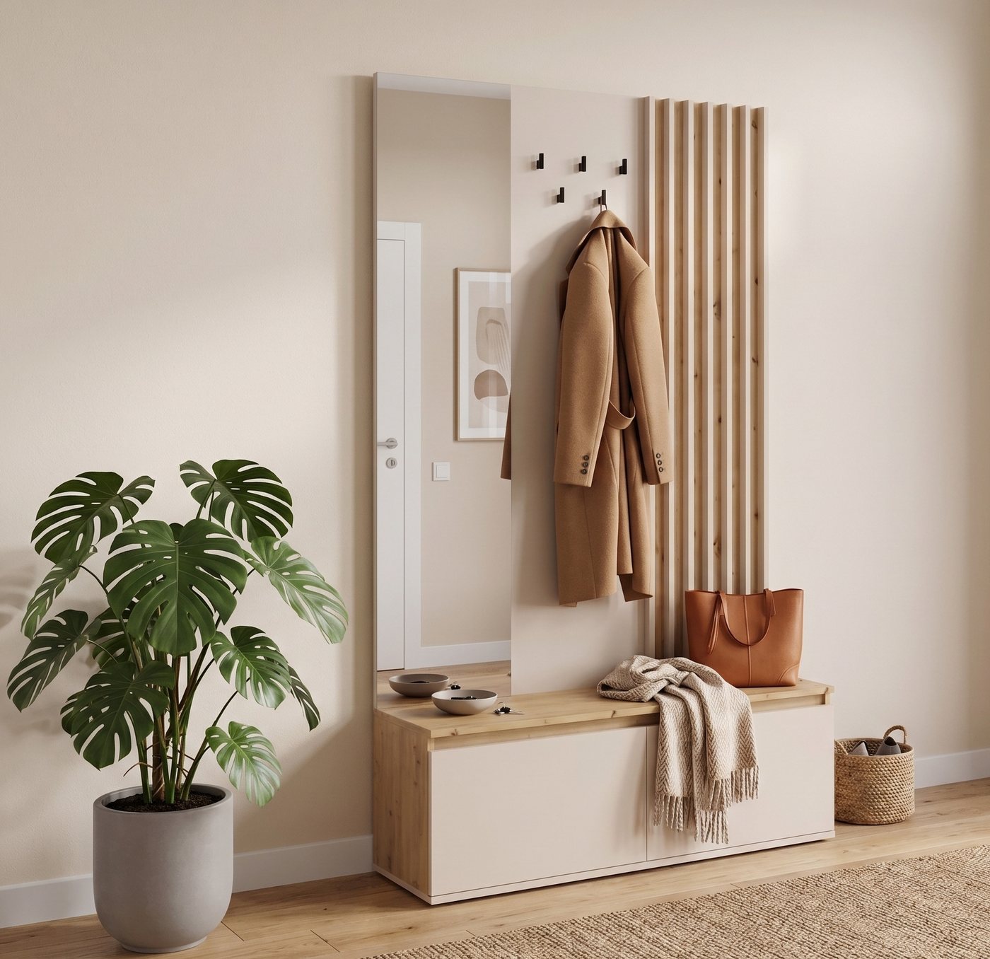 Home affaire Garderobenpaneel LANDUVA Garderobe mit Schuhschrank, Spiegel und Haken, Breite 120 cm, Garderoben-Set, Kompaktgarderobe, mit Sitzbank, Lamellen Design