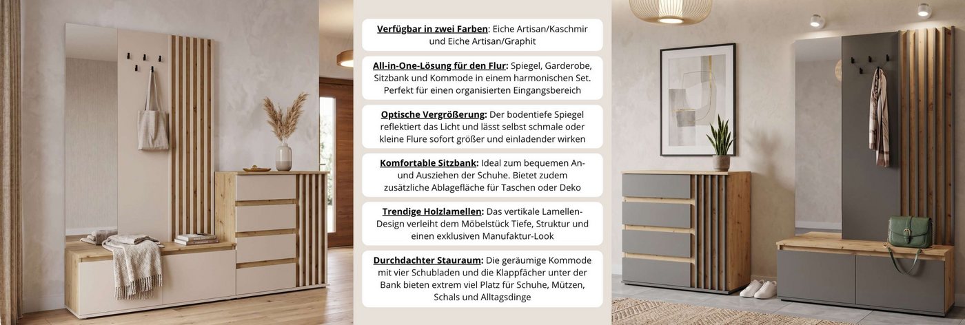Home affaire Garderobenpaneel LANDUVA Garderobe mit Schuhschrank, Spiegel und Haken, Breite 120 cm, Garderoben-Set, Kompaktgarderobe, mit Sitzbank, Lamellen Design Bild 3