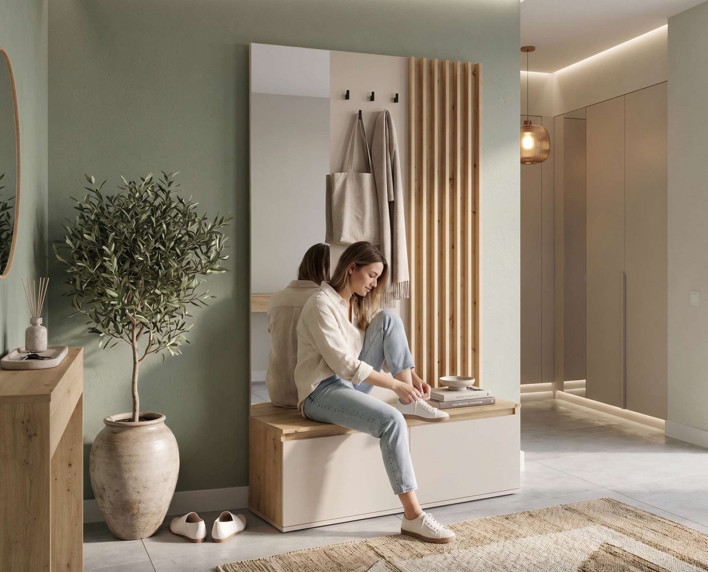 Home affaire Garderobenpaneel LANDUVA Garderobe mit Schuhschrank, Spiegel und Haken, Breite 120 cm, Garderoben-Set, Kompaktgarderobe, mit Sitzbank, Lamellen Design Bild 4
